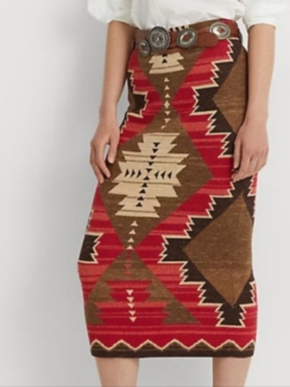 Ralph Lauren Southwestern Print Cotton Linen Blend Pencil Midi Skirt Sz medium